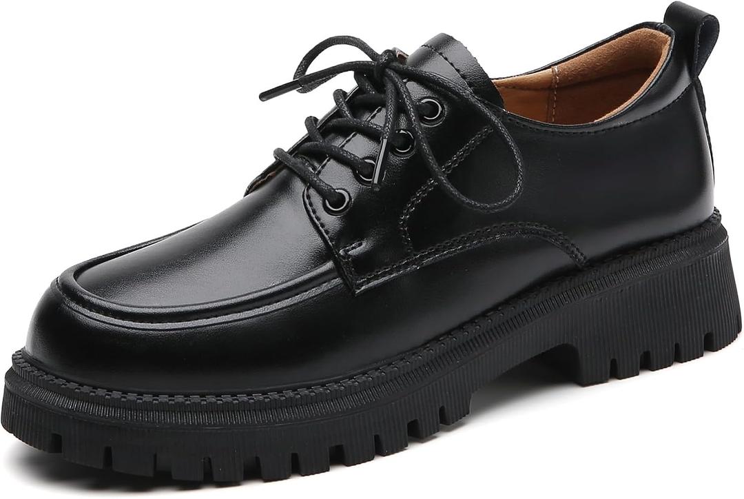 Oxford Shoes for Women Patent Leather Shoe Women's Platform Oxford Shining Lace-Up Chunky Round Toe Non-Slip Business Casual Comfortable Dressy Office Work Ladies Shoes (8, Black2)