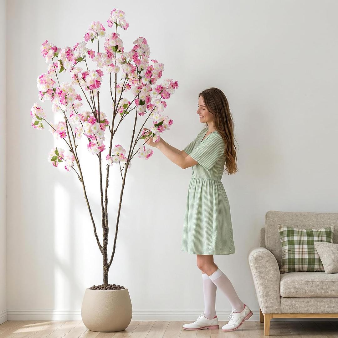 Ttranewsoo Fake Tree Cherry Blossom Tree Artificial Cherry Blossom Tree Tall Fake Plant Faux Trees Indoor Fake Trees Artificial Trees Home Decor Indoor Applies to Living Room Bedroom (Pink Rose) 81.9"