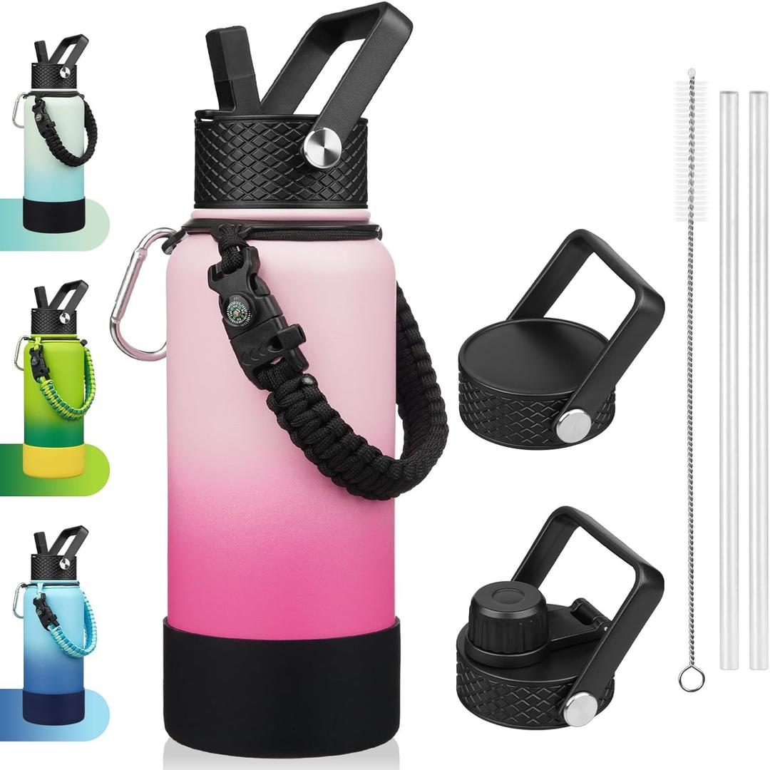 BJPKPK 32oz Insulated Water Bottles with 3 Lids, Paracord Handle & Non-slip Boot, Stainless Steel Metal Water Bottle,Reusable BPA Free Thermal Flasks, Tumblers, Cherry