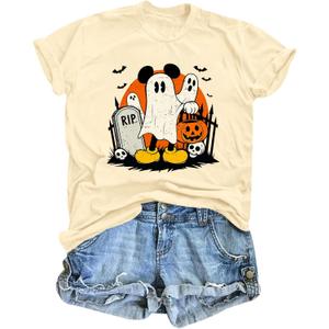 Halloween Shirts for Women Funny Spooky Season Shirt Fall Pumpkin Skull Ghost Graphic Tee Tops (Yellow, M)