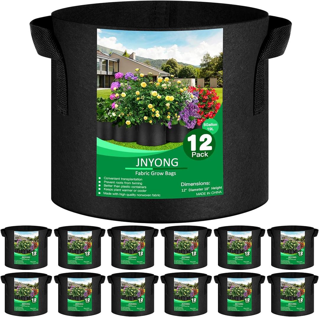 12-Pack 5 Gallon Thickened Non-Woven Grow Bags, Aeration Fabric Pots with Handles