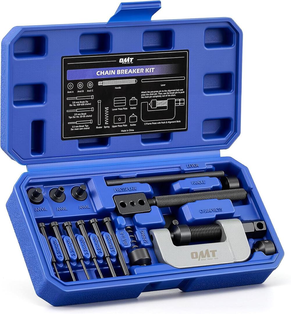 Orion Motor Tech Motorcycle Chain Rivet Tool, 20pc Motorcycle Chain Tool Kit with Powder Coated C Frame 5 Pins Pre-Press Cap, Pro Bike ATV Motorcycle Chain Breaker Removal Tool for 25 to 630 Chains