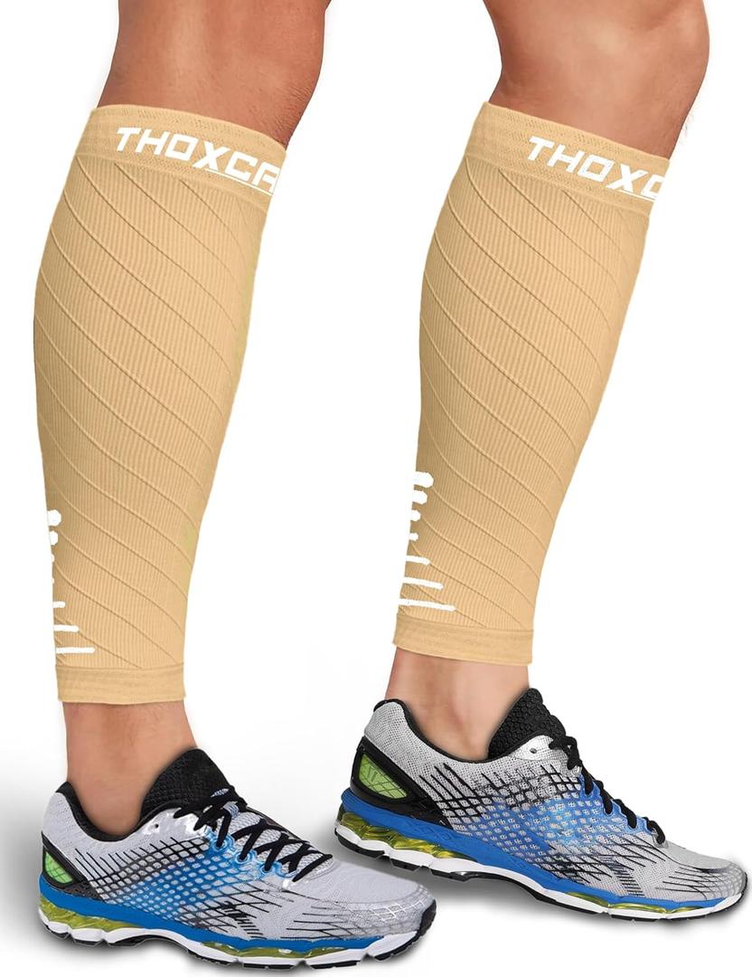 Calf Compression Sleeve for Men Women (2 Pairs), Leg Support Footless Compression Socks for Running - Shin Splint Varicose Veins Swelling & Pain Relief, Beige/White, Large