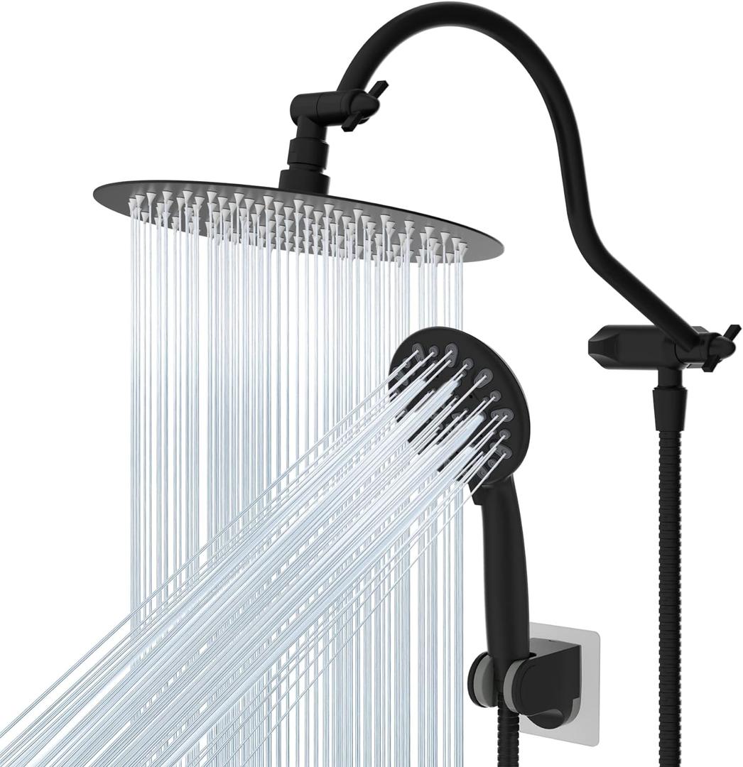 Hibbent All Metal Shower Head, 10'' High Pressure Rainfall Shower Head, Handheld Showerhead Combo, 12'' Adjustable Curved Extension Arm, 7 Sprays, 71'' Shower Hose, Showerhead Holder, Matte Black