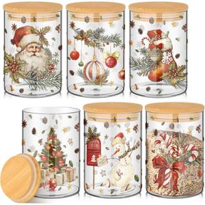 Shellwei 6 Pcs Retro Christmas Glass Storage Jar with Airtight Bamboo Lid Santa Claus Canister Sets Christmas Tree Snowman Cookie Candy Storage 19oz for Kitchen Containers Countertop Decoration