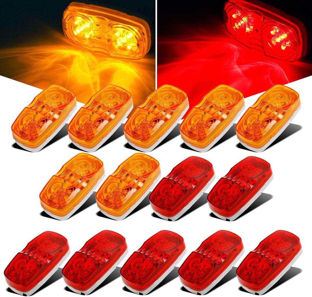 Partsam 14x Trailer RV Marker LED Light Double Bullseye 10 Diodes Clearance Light Red/Amber,[DOT Approved] 4x2 Tiger Eye/Double Bubble 12V Rectangular LED Side Marker Light Surface Mount Camper Truck