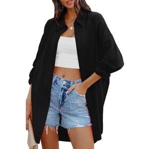 FSHAOES Womens Oversized Button Down Shirts Casual Loose Long Sleeve Solid Lapel Long Blouses Tops with Pockets