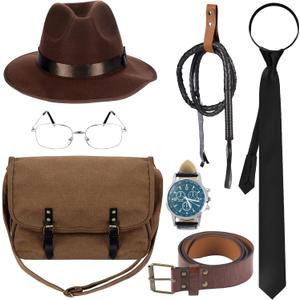 8 Pcs Halloween Adventurer Costume Accessories for Men Steampunk Hat Whip Adult Cowboy Outfits Cosplay