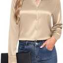 HOTOUCH Satin Shirts for Women Silk Button Down V Neck Dressy Casual Blouse Loose Long Sleeve Office Work Tunic Tops M