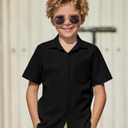 Arshiner Boys Short Sleeve Dress Shirts Solid Button Down Shirts Summer Formal Uniform Shirt with Pocket (Black) Size 100 (4-5T)