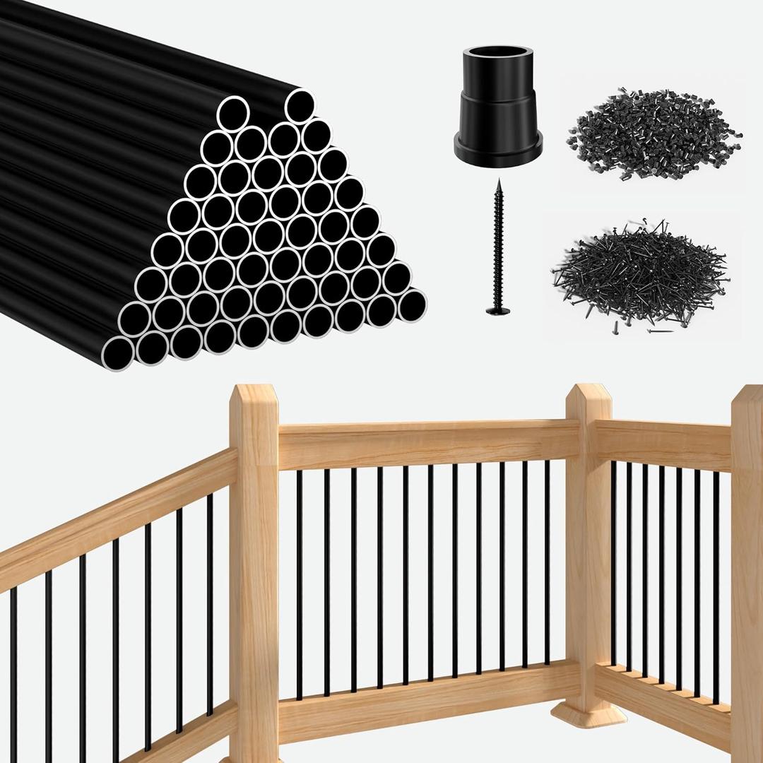 26" Aluminum Stair Balusters  51-Pack Deck Railing Spindles with Connectors, Matte Black Powder-Coated, Rust-Resistant Metal Pickets for Indoor & Outdoor Staircase