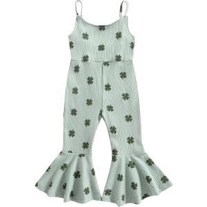Toddler Baby Girls Bell-Bottoms Jumpsuit Ribbed Sleeveless Spaghetti Straps Romper Heart Valentines Outfit (Green)