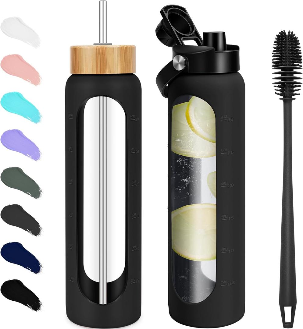 32 oz Glass Water Bottles - 1 Liter Motivational Tumbler Water Bottle Time Marker - Borosilicate Glass Water Bottle With Silicone Sleeve and 2 Lids, Handle Spout & Bamboo Straw Lid (Black)