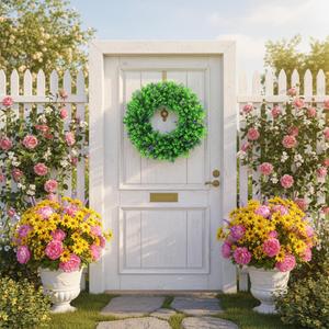 VINCONLIDY 20'' Boxwood Wreath for Front Door - Artificial Spring Wreath with Purple Lavender, Outdoor Greenery Wreath for Farmhouse St Patricks Day Porch Door Decor