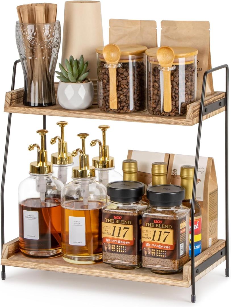 ANBOXIT Countertop Coffee Station Organizer, 2 Tier Wooden Shelf for Coffee Bar Accessories, Condiment Storage Caddy for Kitchen, Home, Office - Brown