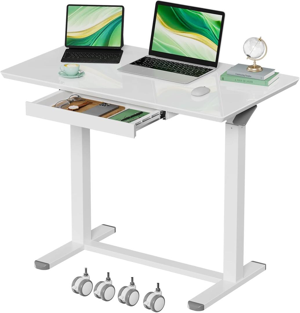Gibbon Mounts Glass Standing Desk with Drawers, 35inch Small Mobile Laptop Desk, Height Adjustable Rolling Sit Stand Desk, White Pneumatic Portable Computer Desk with Hidden Wheels or Lockable Casters