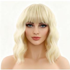 Blonde Wigs with Bangs for Women 14 Inch Shoulder Length Short Wavy Bob Wigs With Bangs Curly Wig Heat Resistant Synthetic Wavy Wig Cosplay Wigs