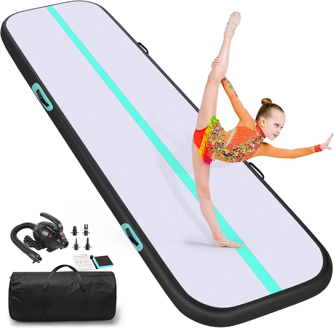 Air Gymnastics Tumbling Mat, 20ft Inflatable Track Mat for Home/Outdoor Training, 4 inch Thick Gym Mat with Electric Pump for Kids & Adults - Black & Green