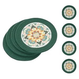 SHACOS 8 Inches Trivets for Hot Dishes, 4 Pieces Cotton and Felt Floral Trivets Mats for Kitchen, Hot Pads for Countertops and Table, Heat-Resistant Pot Holders for Hot Pots and Pans, Dark Green