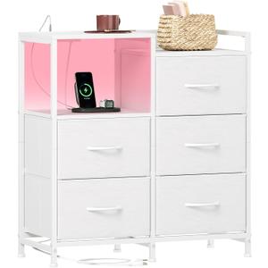 Somdot White Nightstand with Charging Station and LED Light, Wide 5 Drawers Dresser for Bedroom with Fabric Bins and Open Shelf for Bedroom Kids Closet Dorm Guest Room, White Leather