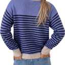 Rooscier Women's Striped Knit Pullover Sweater Crew Neck Long Sleeve Loose Sweaters with Pocket (Purple, L)
