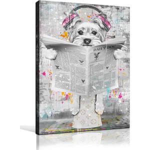 ENTANUB Bathroom Wall Art, Funny Graffiti Dog Canvas Print Painting for Bedroom, Black and White Picture Decor, Size 16x24 Inches (24L" x 16W", DOG-3)