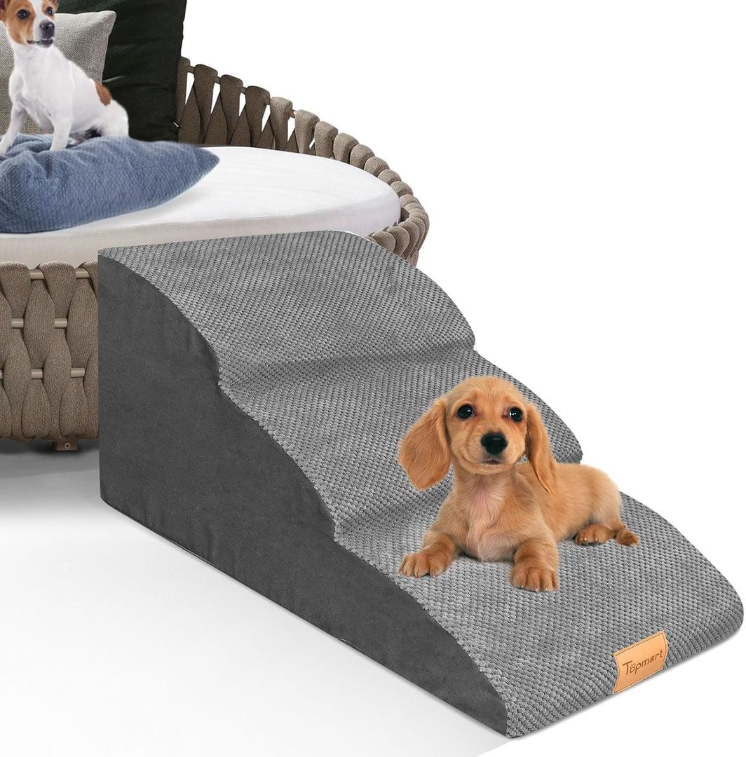 Topmart High Density Extended Foam Dog Ramp&Steps 3 Tiers,15.7" High,Non-Slip Dog Stairs with Waterproof Cover,Soft Foam Pet Ladder,Best for Injured,Older Cats,Pets with Joint Pain (Grey)
