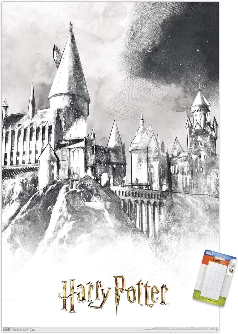 Trends International The Wizarding World: Harry Potter - Illustrated Hogwarts Wall Poster, 22.375" x 34", Poster & Mount Bundle