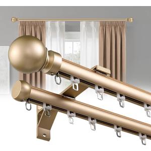 Double Curtain Rods for Windows, Heavy Duty Dual Rod Wall Mount Track Slilent Aluminum Alloy Brackets with Decorative Round Finials Rail for Bedroom/Living Room/Window/Hotel (Golden,2.6m(8.5ft))