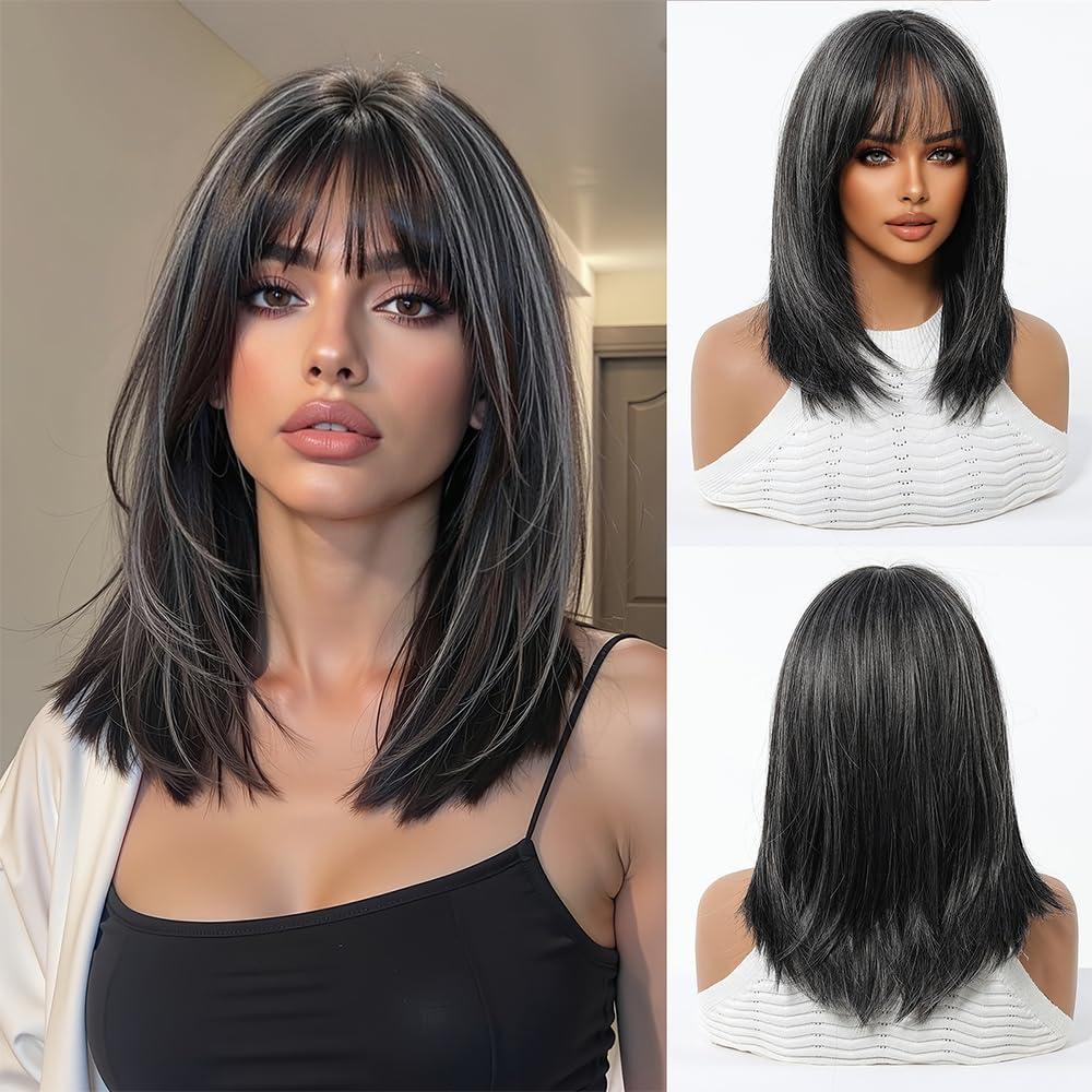 Shoulder Length Gray Highlight Wig with Bangs for Women  Natural Straight Layered Synthetic Wig, Heat Resistant, Fashion Medium Hair Wig for Daily Wear or Party (Style 4)