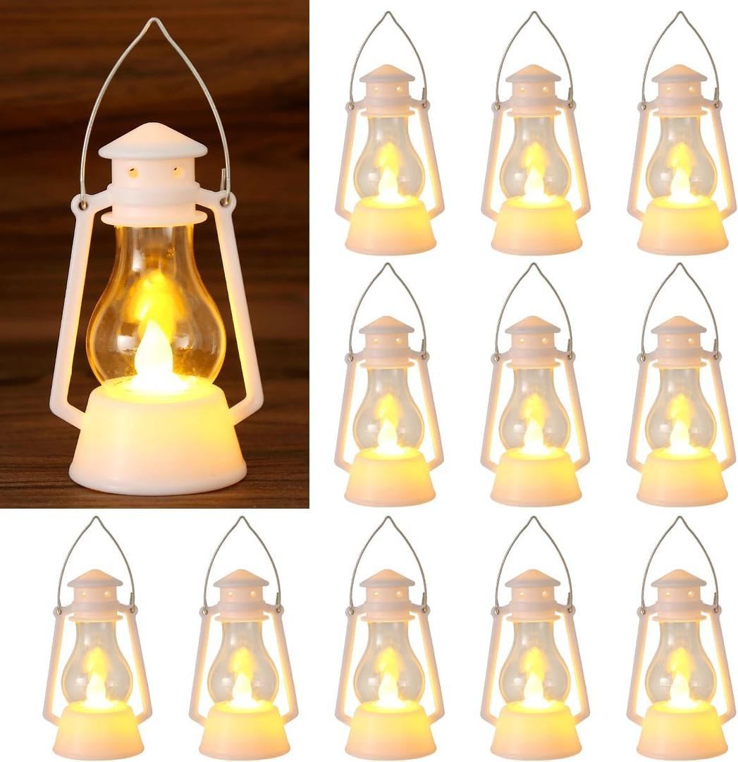 12Pcs LED Mini Vintage Lanterns Decor Indoor Decorative Outdoor Hanging Lantern Decorative Small Candle Lanterns Farmhouse Decor for Wedding Centerpiece,Halloween,Christmas,Farmhouse Decorative (White)
