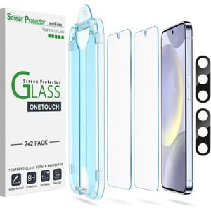 amFilm Auto-Alignment OneTouch for Samsung Galaxy S24+ Plus 6.7" Screen Protector + Camera Lens Protector, Tempered Glass, 30 seconds Installation, Bubble Free, Case Friendly, Anti-Scratch [2+2 Pack]