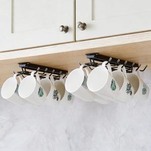 LiaMeE Sliding Mug Hooks Under Cabinet - Pull Out Coffee Cup Holder Rack with 12 Hooks, Metal Under Shelf Mug Organizer for Kitchen, Space Saving Hanging Storage (Black,2PCS)