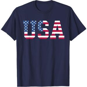 USA American Flag Patriotic Red White Blue Stars & Stripes T-Shirt, Large, Navy Blue 