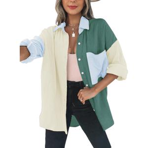 Dokotoo School Outfits for Teachers Spring Button Up Lightweight Shirts V Neck Collared Long Sleeve Plus Size Tops for Women Casual Color Block Summer Resort Wear Blouses with Pockets Dark Green L (L)