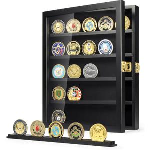 TJ.MOREE Military Challenge Coin Display Case, Coin Display Holder Wall Mount with Removable Shelves, Shadow Box for Medals Pin Badges Buttons