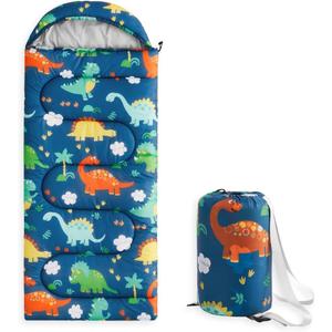 Wake In Cloud - Kids Sleeping Bag for Boys Toddlers, Camping in Warm Cold Weather, Backpacking Lightweight Compact Outdoor Liner for 3 Seasons Summer Spring Fall (Standard 61x26, Dinosaur Navy)