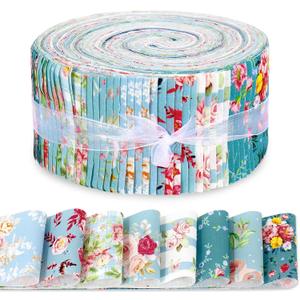 FYSUIMU 40Pcs Floral Cotton Fabric Strips Watercolor Rose Fabric Bundles Green Blue Flower Quilting Patchwork for DIY Sewing Craft Decor, 2.6 x 39.4 Inch