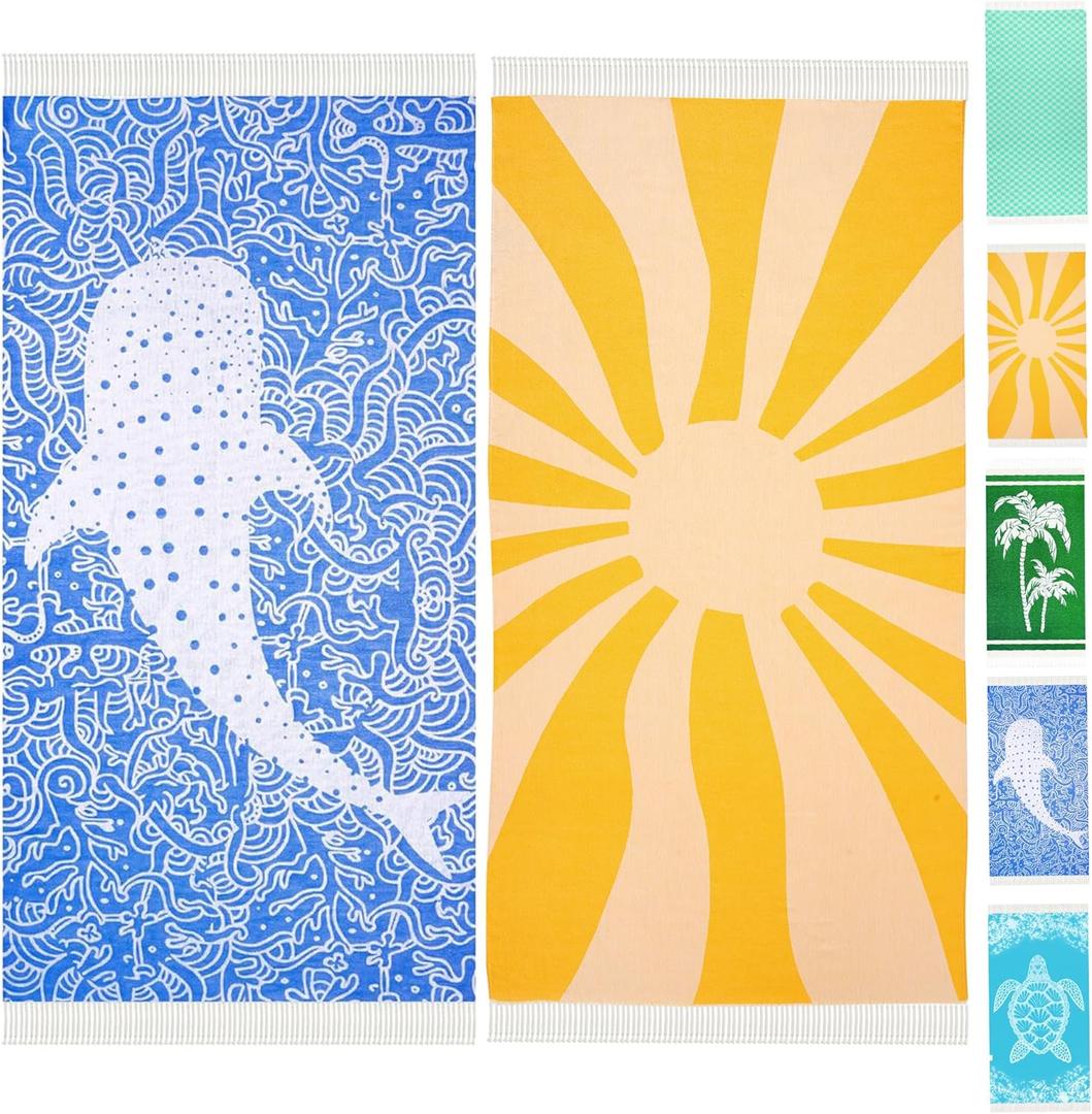 Genovega 2 Packs Travel Essentials Turkish Beach Towels Vacation Quick Dry Sand Free Soft Big Large XL Blanket Adult Oversized Bath Pool Swim Towel Set Bulk Must Haves 2025 Sunshine and Whale