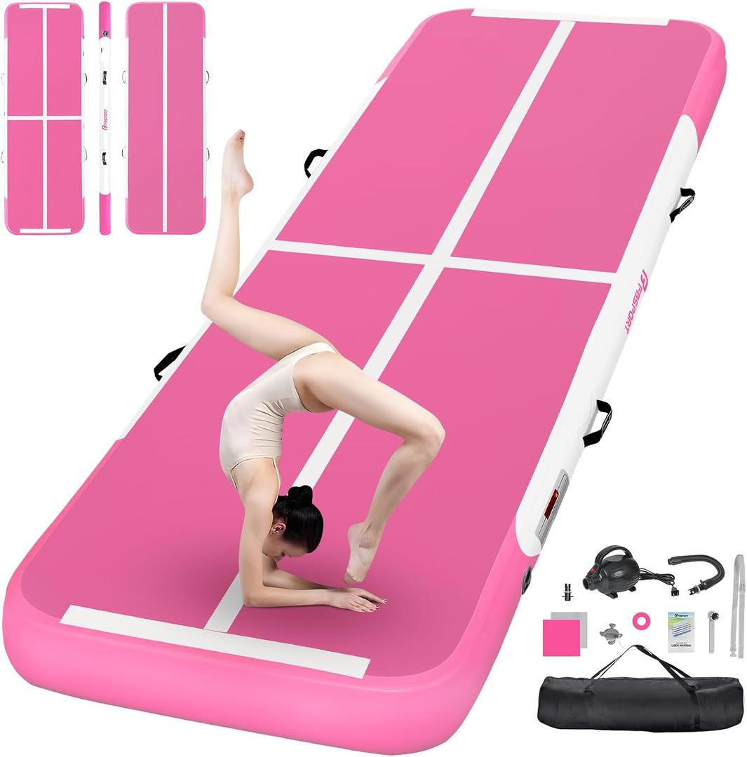 FBSPORT Inflatable Air Gymnastics Mat Training Mats 8 inches Thickness Gymnastics Tracks for Home Use/Training/Cheerleading/Yoga/Water with Pump, Rose, 13ftL*3.3ftW*8inH 