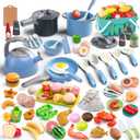 130Pcs Kitchen Playset, Toddler Pretend Cooking Play Pots, Pans, Utensils Cookware, Daily Food Fruit Veges, Shopping Storage Basket, Dessert, Prop Money, Learning Gift for Child (Blue)