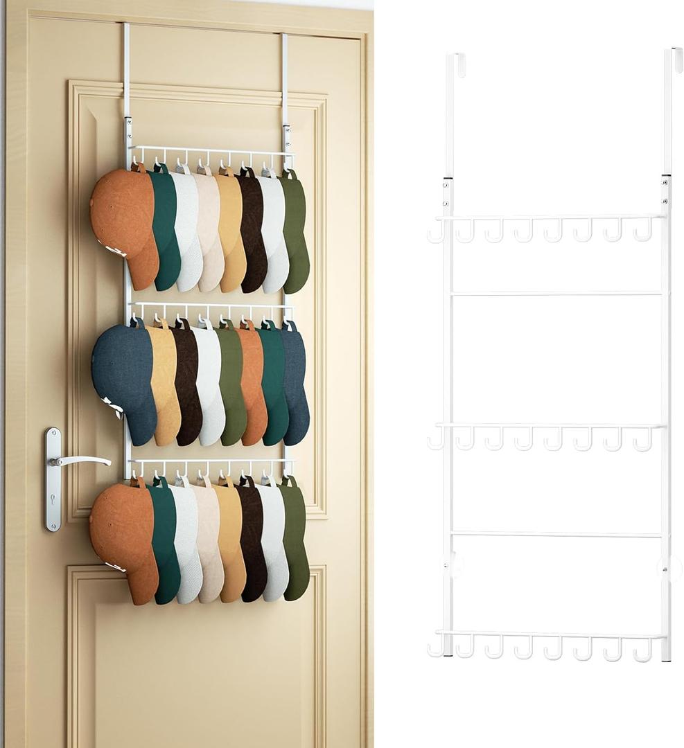 HapiRm Over Door Hat Rack - 3 Tier Wall Mounted Hat Organizer with 24 Hooks, Baseball Cap Organizer Storage Holds up to 24 Caps for Door, Bedroom, Closet