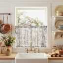 jinchan Amlie Floral Kitchen Curtains 24 Inch Length Linen Cafe Curtains Small Window Drapes Light Filtering Botanical Farmhouse for Bedroom Bathroom Rod Pocket 2 Panels Blue on Linen