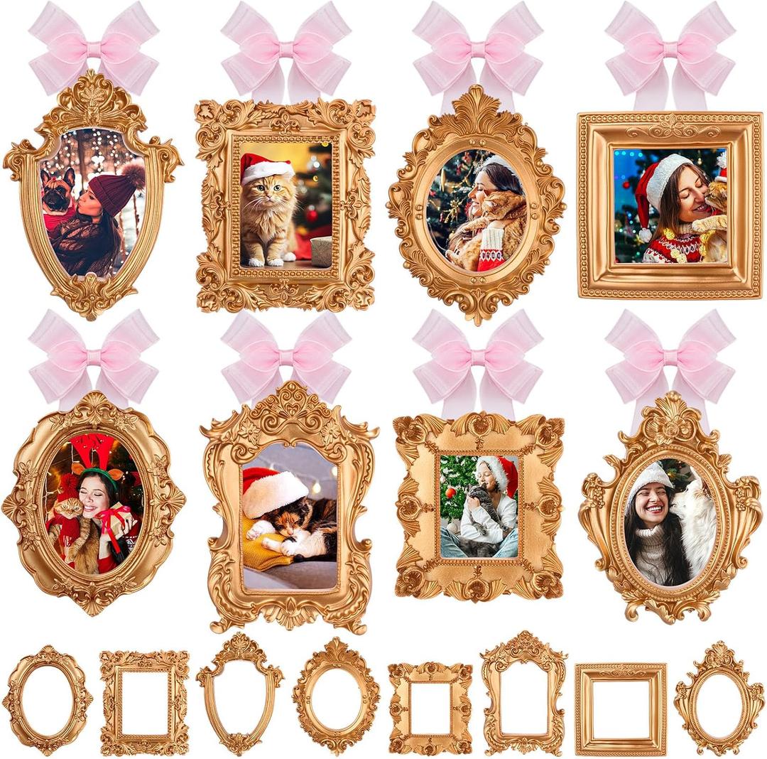 Bucherry 16 Pcs Mini Picture Vintage Frames with Silk Ribbon Resin Small Gold Vintage Photo Frames Baroque Ornaments DIY Wall Hanging for Christmas Tree Refrigerator Holiday Decoration