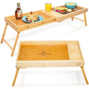 Breakfast Bed Tray for Two - Couple Bed Table Tray w/Cup Holder, Serving/Eating Food Trays - Space Saving Couch, Garden, Couple Food, Gift Ready Wooden Lap Trays with Legs, Bamboo Tray