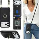 for iPhone 17 Pro Case with Card Holder and Strap for Women,Crossbody Lanyard,Ring Stand,Snap Clasp,Cute Phone Wallet Cases 6.3 inch (Black)