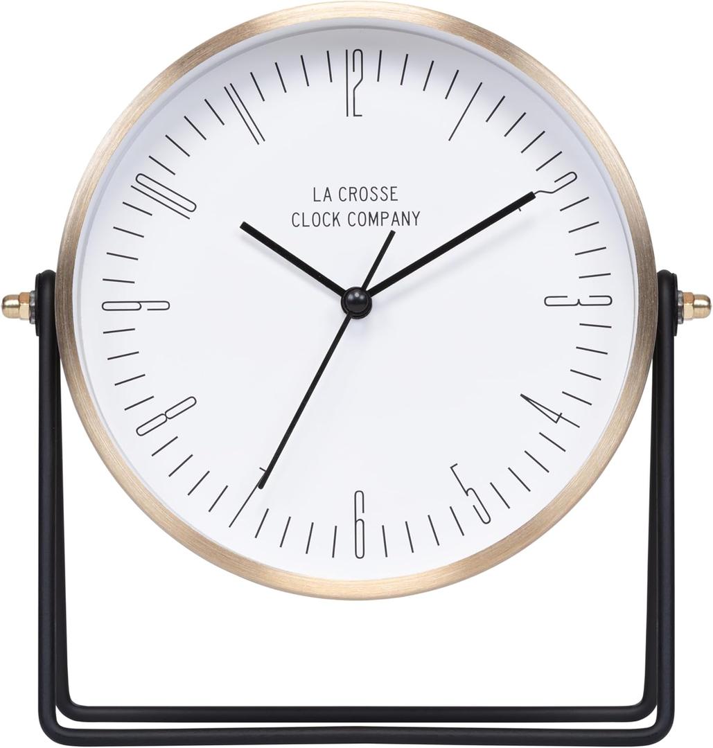 La Crosse Clock 404-3719 Stiles Swivel Tabletop Silent Sweeping Analog Quartz Metal Clock with Mirror