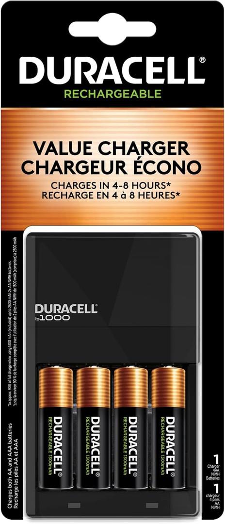 Duracell Ion Speed 1000-Battery-Charger for AA and AAA-batteries, Includes 4 Pre-Charged AA-Rechargeable-Batteries, for Household and Business Devices