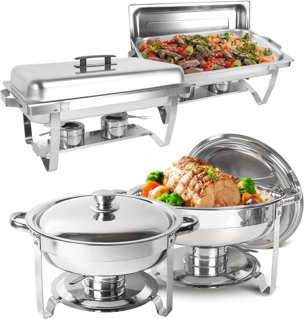Chafing Dish Buffet Set 4 Pack, 8 QT Rectangle & 5QT Round Stainless Steel Chafer for Catering, Chafers and Buffet Warmer Sets w/Food & Water Pan, Lid, Fuel Holder for Event Party Holiday