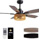 46 Inch Boho Black Rattan Ceiling Fans with Lights and Remote Control, Farmhouse Caged Rattan Ceiling Fan for Dining Room, Bedroom, Living Room and Patio, Indoor/Outdoor (Aloha)